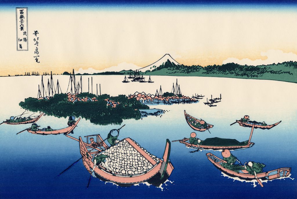 Deux des 36 vues du Mont Fuji par Hokusai : des perspectives plus réalistes pour montrer une scène de vie. L'utilisation du Bleu de Prusse est aussi très utile afin de créer des effets de dégradé. 